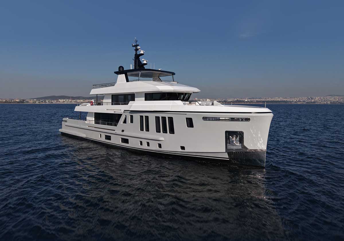 BEE YACHTS 35M EXPLORER yacht sailing on calm blue sea, side view showing sleek profile and multiple decks.