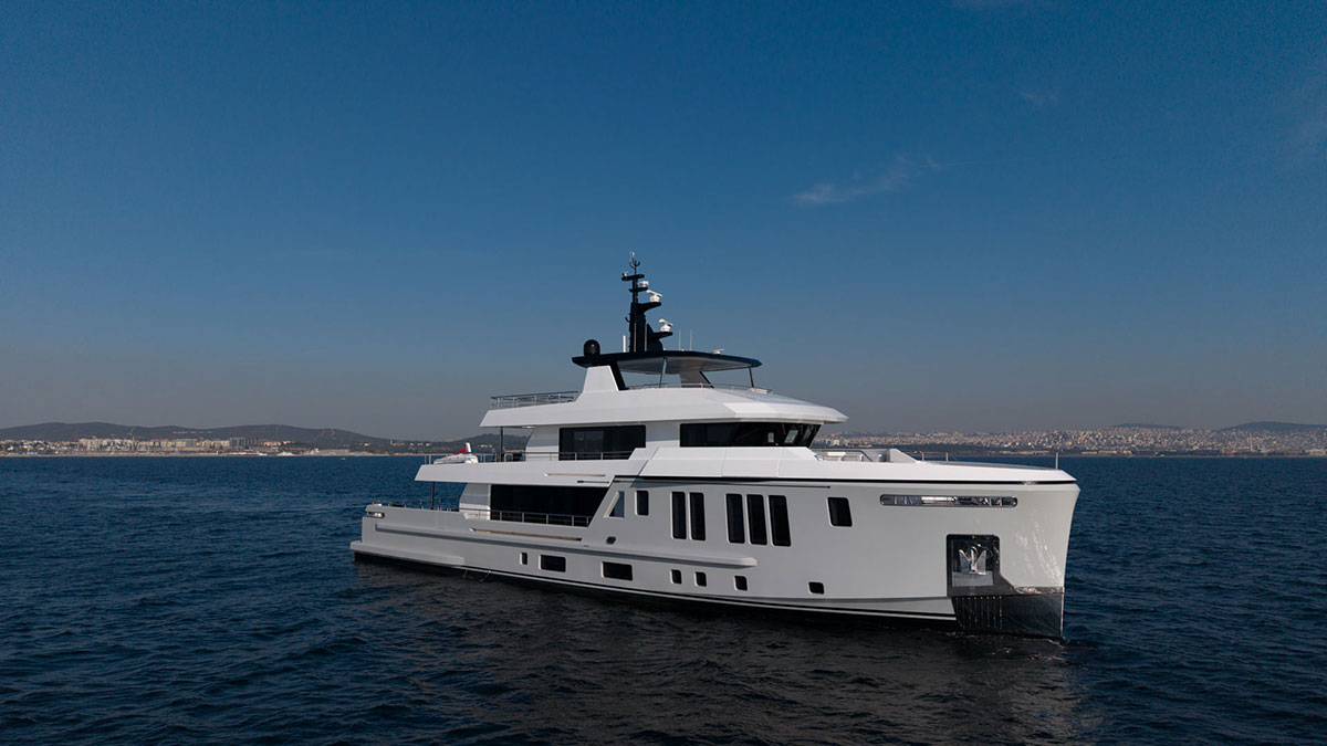 BEE YACHTS 35M EXPLORER yacht sailing on calm blue sea, side view showing sleek profile and multiple decks.
