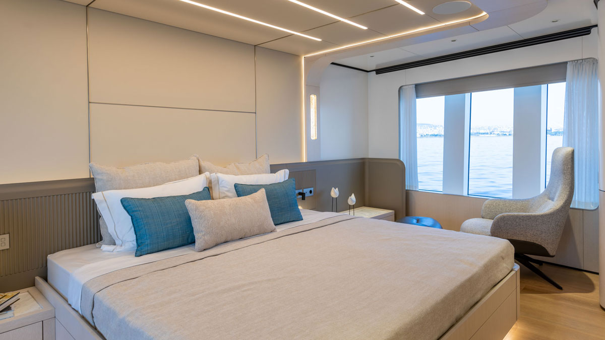 View of the double bedroom on board the BEE YACHTS 35M EXPLORER, designed for comfort and relaxation.