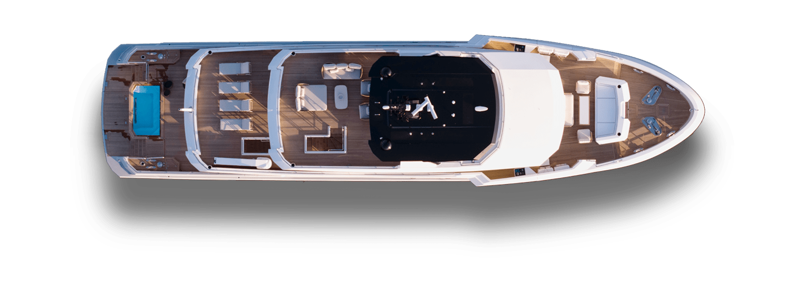 Top view of the BEE YACHTS 35M EXPLORER yacht, showcasing its sleek design and multiple decks